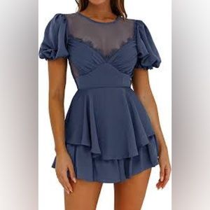 Women's Sexy Short Puff Sleeves Mesh Patchwork Ruffle Tiered Jumpsuit/ Romper